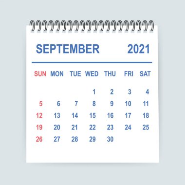Eylül 2021 Takvim Yaprağı. Takvim 2021 düz stilde. Vektör illüstrasyonu.