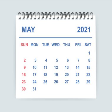 Mayıs 2021 Takvim Yaprağı. Takvim 2021 düz stilde. Vektör illüstrasyonu.