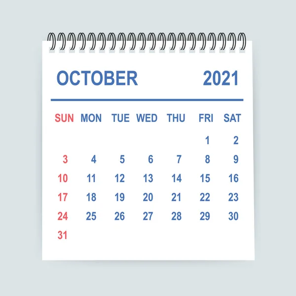 Październik 2021 Liść kalendarza. Kalendarz 2021 w płaskim stylu. Ilustracja wektora. — Wektor stockowy