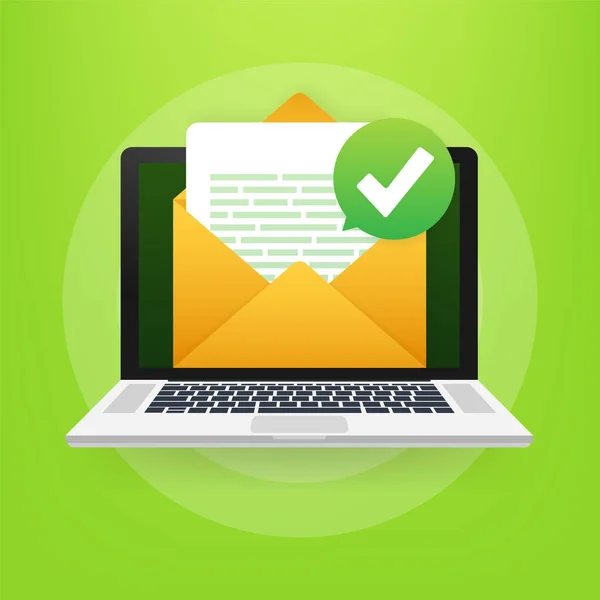 Geopende envelop en document met groen vinkje. Verificatie e-mail. Vectorillustratie. — Stockvector