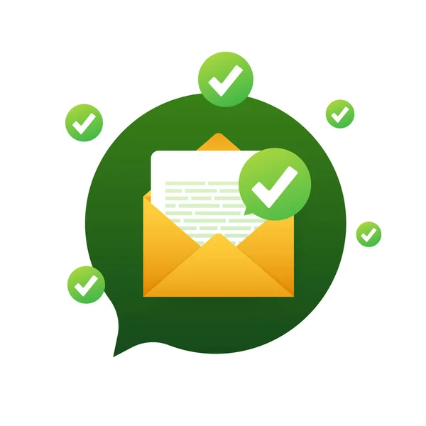 Geöffneter Umschlag und Dokument mit grünem Häkchen. Bestätigungs-E-Mail. Vektorillustration. — Stockvektor