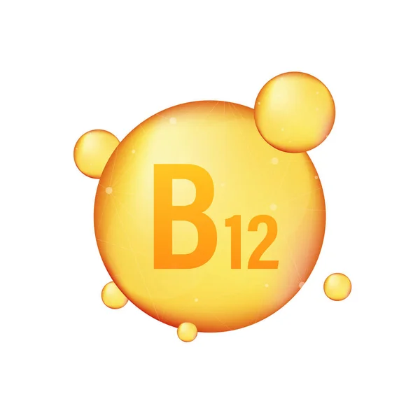 Vitamina B 12 icono brillante oro. Ácido ascórbico. Ilustración vectorial — Vector de stock