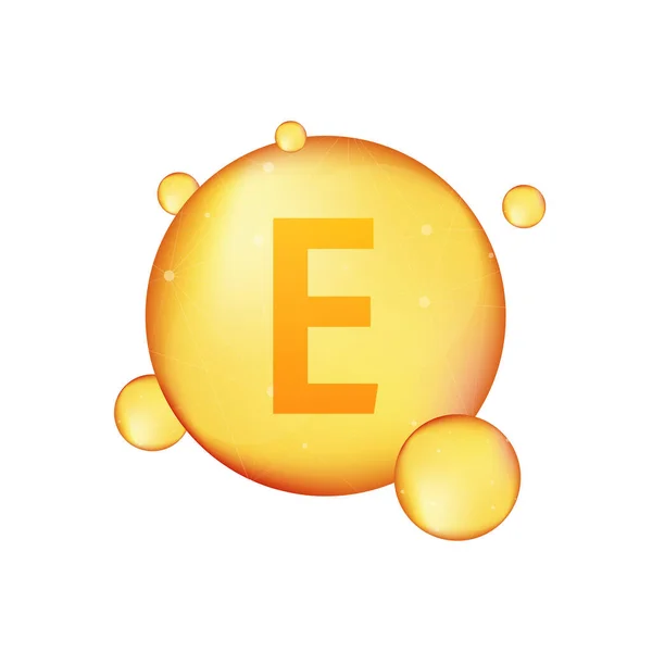 Vitamin-E-Gold glänzende Ikone. Ascorbinsäure. Vektoraktiendarstellung — Stockvektor