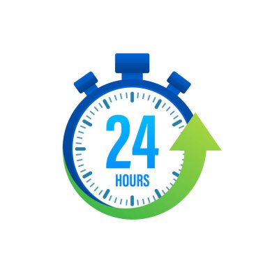 24 saat mavi saat. Çevrimiçi dağıtım hizmeti kavramı. Servis merkezi sembolü. İzle, zaman simgesi. Vektör stok illüstrasyonu.