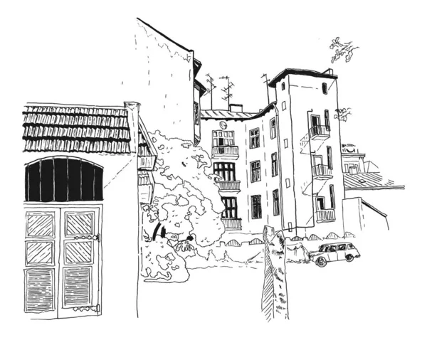 Vector schets van straat scène in Lviv, digitale inkt illustratie. — Stockvector