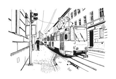 Lviv sokak sahnesivektör kroki,