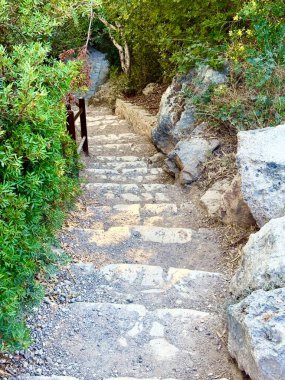Aşağı inen merdivenler taştan yapılmış. Dışarıdaki yemyeşil çimenlikte beton yol.