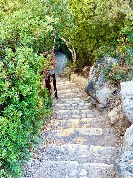 Aşağı inen merdivenler taştan yapılmış. Dışarıdaki yemyeşil çimenlikte beton yol.
