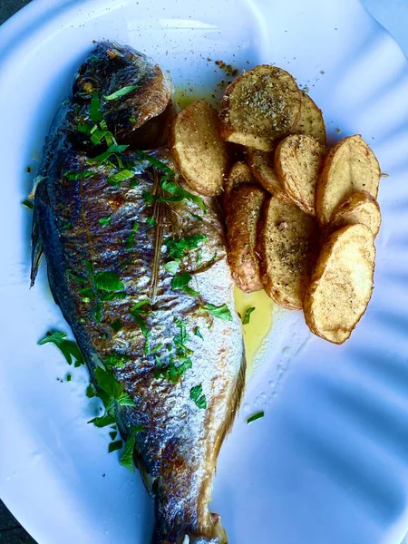 Izgara balık ve patates cipsi. Lezzetli ve sağlıklı yemekler..