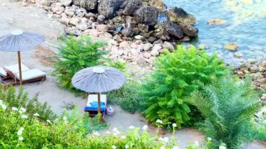 Halk plajı, yaz mevsimi, güzel güneşli hava. Resimli plaj, kumlu kıyıya vuran dalgalar. Deniz dalgaları kayalara çarpıyor. Kıbrıs adası, şemsiyeler, turist botları, Akdeniz.