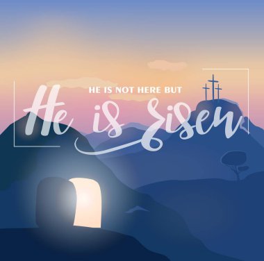 Holiday Easter card with text, opened cave. clipart