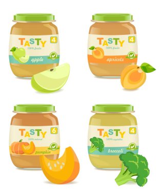 Farklı çocuk püresi ile dört kavanoz. retro tarzı. Vektör