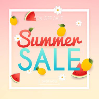 meyve ve çiçekler, vektör, illüstrasyon ile yaz satışı büyük başlığı