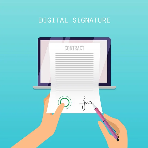 Contrato Línea Pantalla Del Ordenador Portátil Concepto Firma Digital Vector — Archivo Imágenes Vectoriales