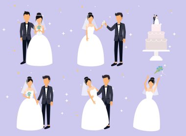 Yeni evli, yeni evliler, Gelin ve damat ayarlayın. Gelin ve damat. Düğün tasarım. Vektör çizim.