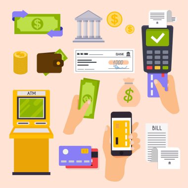 Finans iş akışı öğelerini ve pembe bir arka plan üzerinde öğeleri koleksiyonu