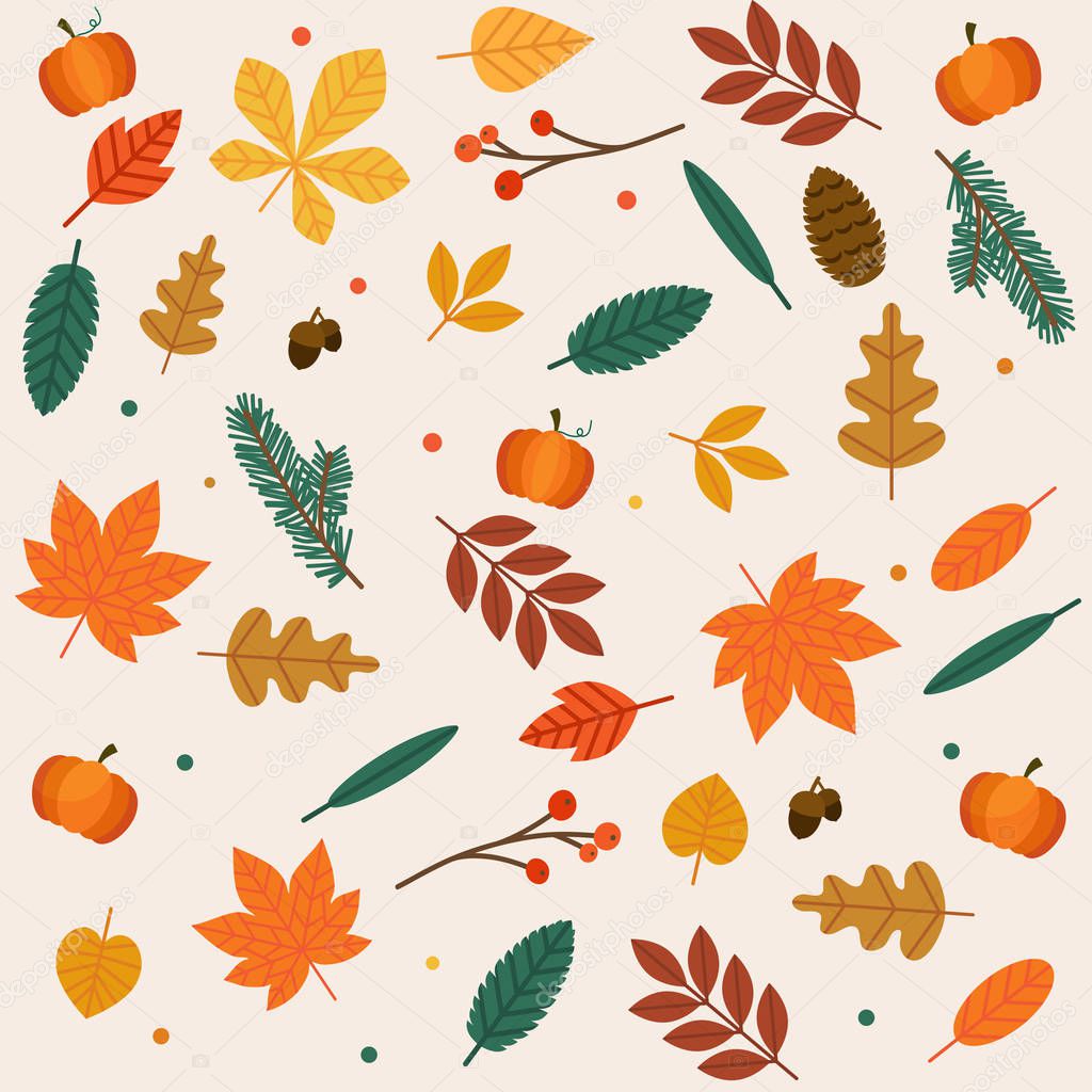 Various autumn leaves pattern on beige background