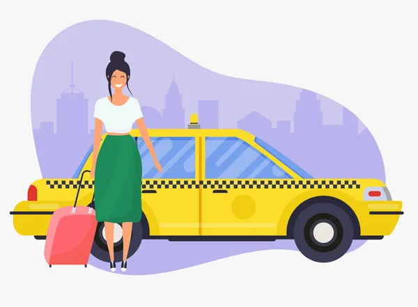 Mutlu Kadın Kırmızı Bagaj Ayakta Yakınındaki Sarı Taksi Ile Vektör — Stok Vektör
