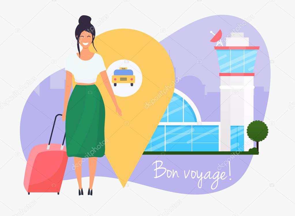 Vector illustration of happy woman with red luggage at airport near taxi pin