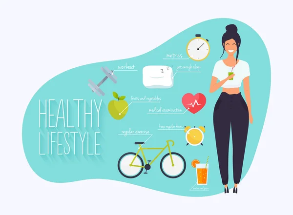 Vektorillustration Hälsosam Livsstil Infographic Med Leende Kvinna — Stock vektor