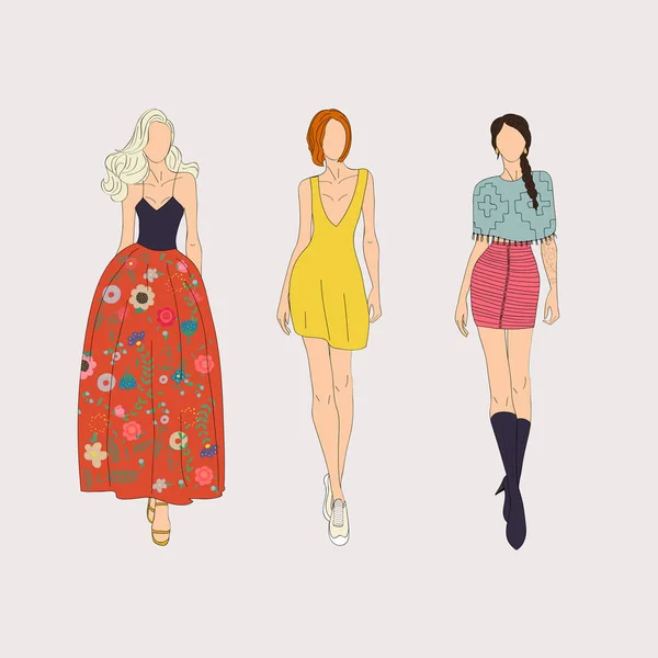 Vektor Ilustrasi Dari Tiga Fashion Perempuan - Stok Vektor