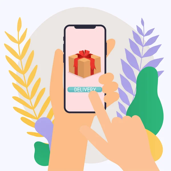 Ilustração Vetorial Mão Segurando Smartphone Com Aplicativo Entrega — Vetor de Stock