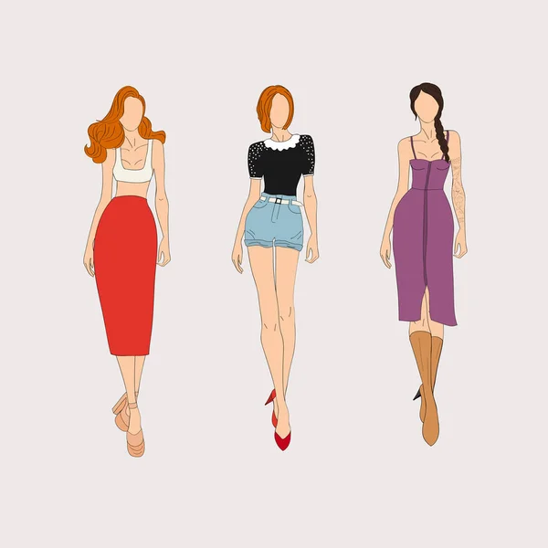 Ilustração Vetorial Três Mulheres Moda — Vetor de Stock