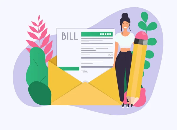 Vector Illustration Woman Pencil Get Paying Bill Mail — Stock Vector