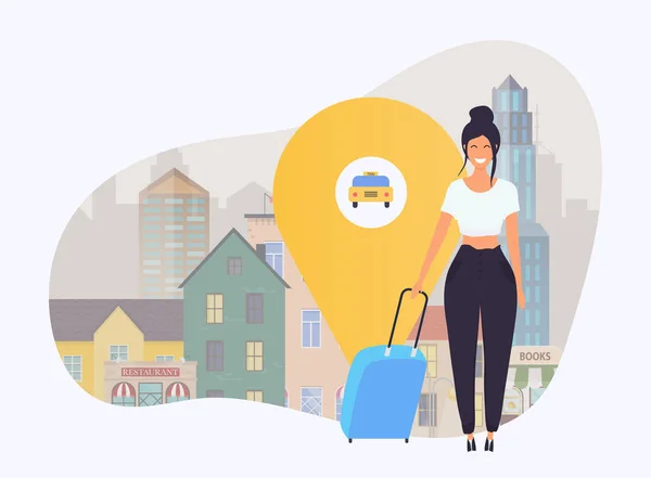 Ilustración Vectorial Mujer Con Bolsa Viaje Esperando Taxi — Vector de stock