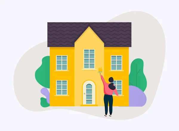 Ilustración Vectorial Una Mujer Sosteniendo Cepillo Rodillos Pintando Una Casa — Vector de stock