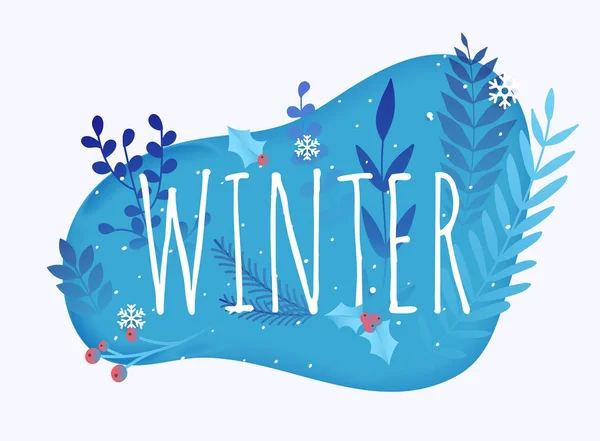 Winterschrift Mit Tannenzweigen Blauen Blättern Und Roten Beeren — Stockvektor