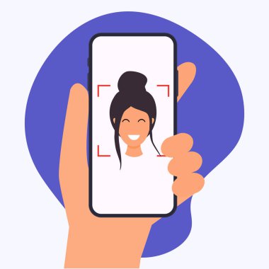 Yüz tanıma uygulama vektör modern düz yaratıcı bilgi grafik tasarımı ile mobil akıllı telefon uygulama üzerinde tutan el