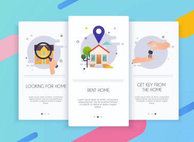 Mobil app şablonlar kavramı ev kira için onboarding ekranlar Kullanıcı arabirimi seti. Web afiş, Web siteleri, infographics için kavram