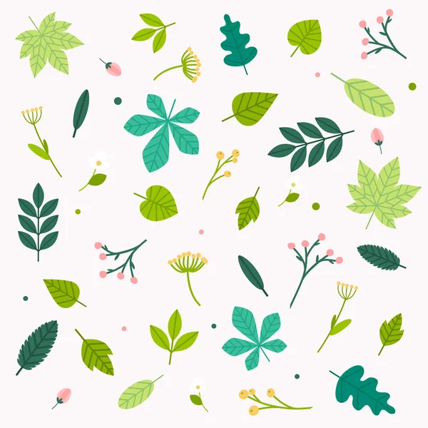 Våren Blommor Och Blad Set Platt Design Modern Vektor Illustration — Stock vektor