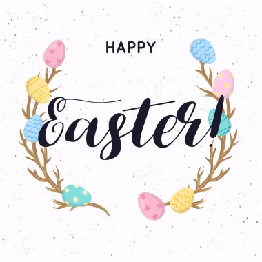 Mutlu Paskalya tebrik kartı. Ahşap şube ile Paskalya yumurta kompozisyon