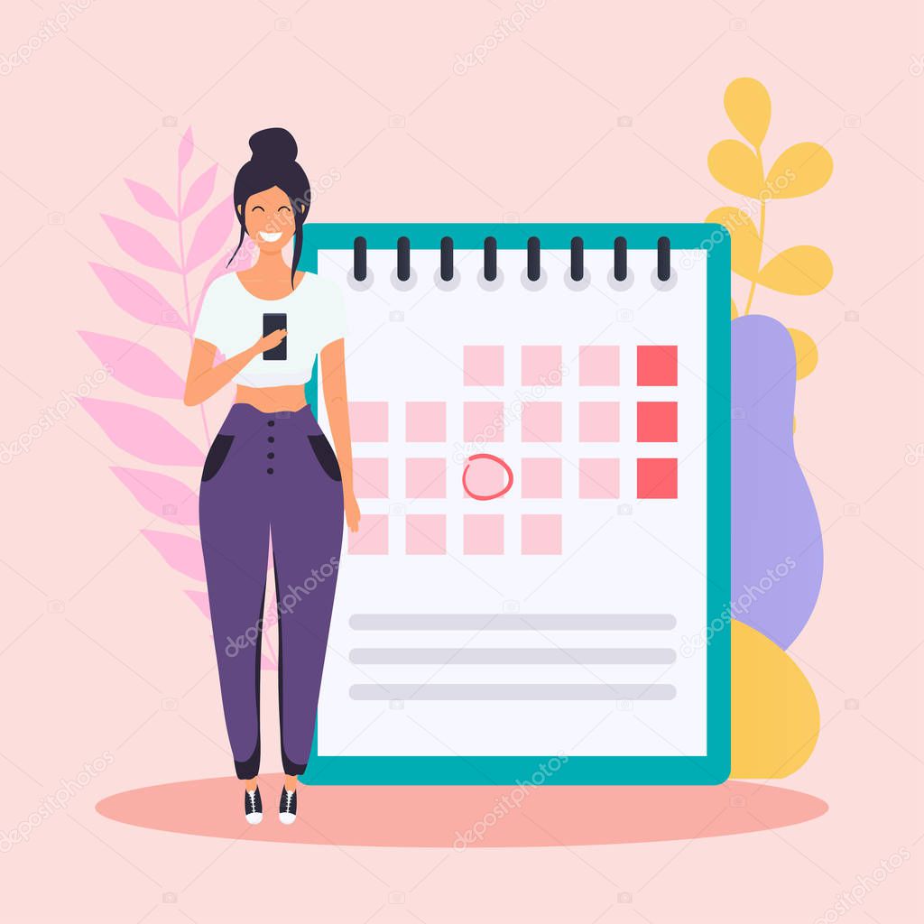 Woman with the phone have a calendar plan. Flat design modern vector illustration concept
