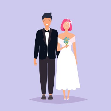 Gelin ve damat. Düğün tasarım gri arka plan üzerinde. Vektör çizim. 