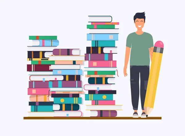 Homem Com Lápis Conceito Educação Conceito Ciência Com Ícones Livros —  Vetores de Stock