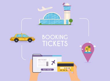 Rezervasyon biletleri, hedef ve pasaport, seyahat konsepti ile grafik turistik vektör illüstrasyon 