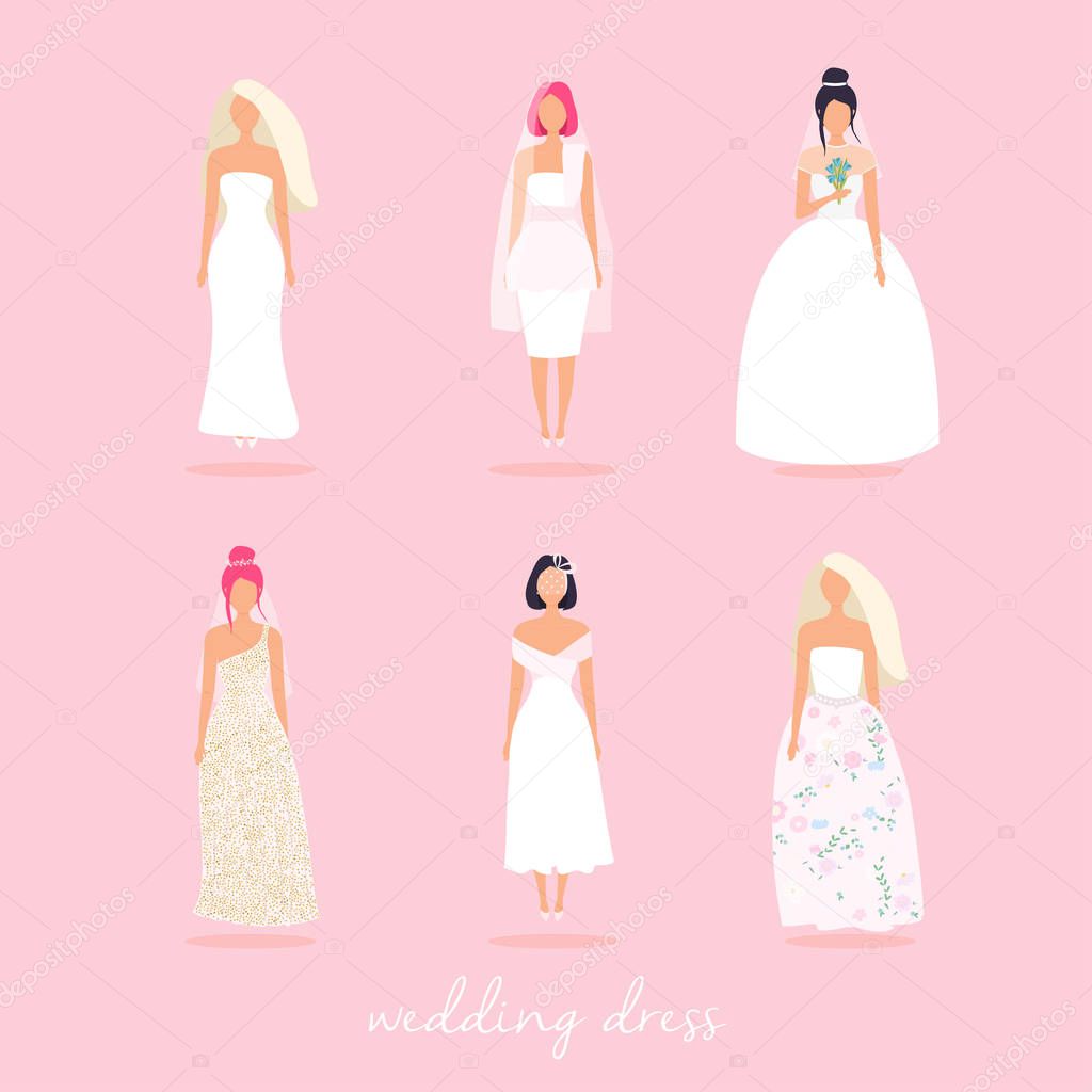 set of wedding dresses on pink background 