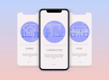 Mobil uygulama şablonları planlama kavramı için onboarding ekranlar kullanıcı arayüz kiti, inşaat ve ev inşa. Web afişleri, web siteleri, bilgi grafikleri için konsept. 