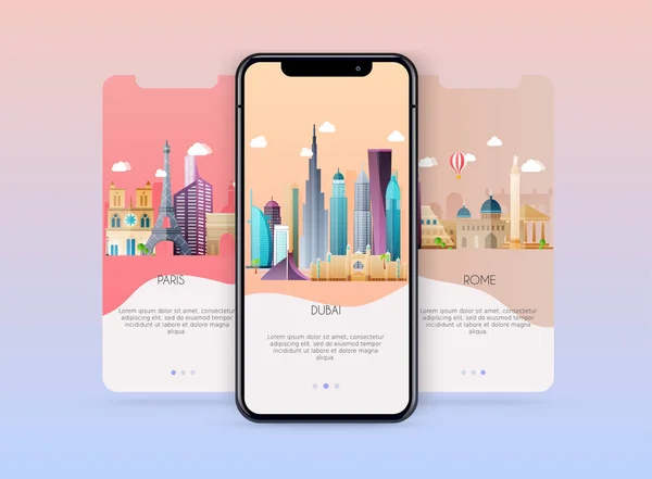 旅行やチケットの予約のモバイルアプリテンプレートのコンセプトのためのオンボーディング画面ユーザーインターフェイスキット ウェブバナー ウェブサイト インフォグラフィックのコンセプト — ストックベクタ