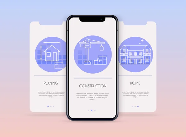 ホームビルドのモバイルアプリテンプレートの概念のためのオンボーディング画面ユーザーインターフェイスキット ウェブバナー ウェブサイト インフォグラフィックのコンセプト — ストックベクタ