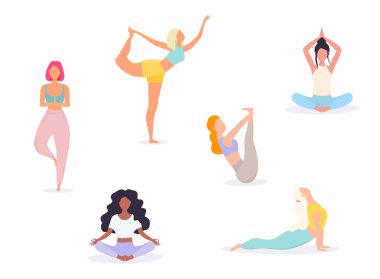 Yoga pozlar Kadınlar, Sağlıklı yaşam tarzı, Vektör illüstrasyon