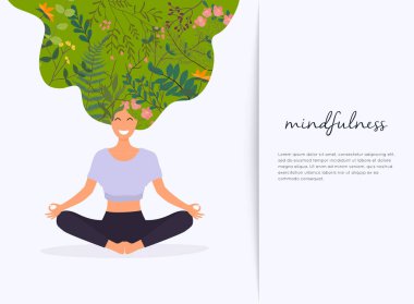 Yoga pozları alan kadın. Sağlıklı yaşam tarzı. Vektör illüstrasyon, farkındalık 
