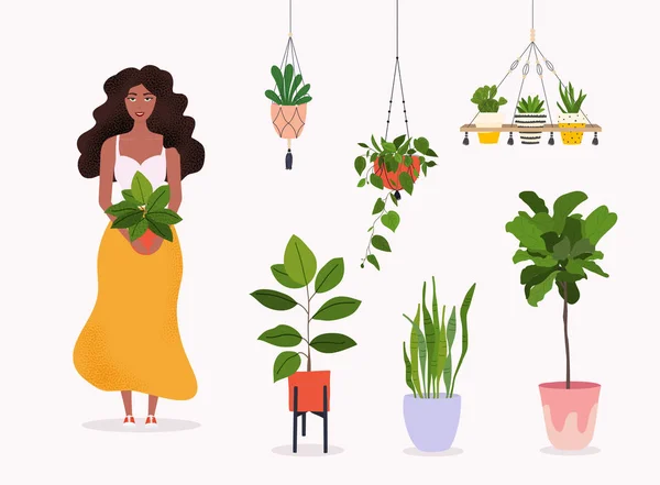 Ilustracja Wektorowa Kobiety Żółtej Spódnicy Stojącej Gospodarstwa Roślin — Wektor stockowy