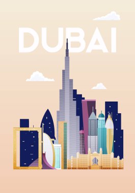 Dubai, Bae'nin binaların ve ünlü simge yapılarının silueti ve manzarası. 