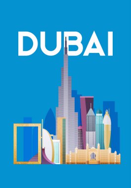 Dubai, Bae'nin binaların ve ünlü simge yapılarının silueti ve manzarası. 