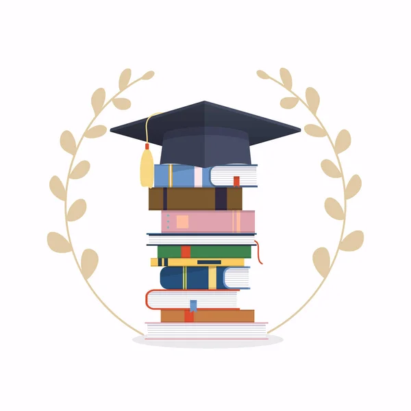 Montón Libros Escolares Con Gorra Graduación Corona Diseño Plano Ilustración — Vector de stock