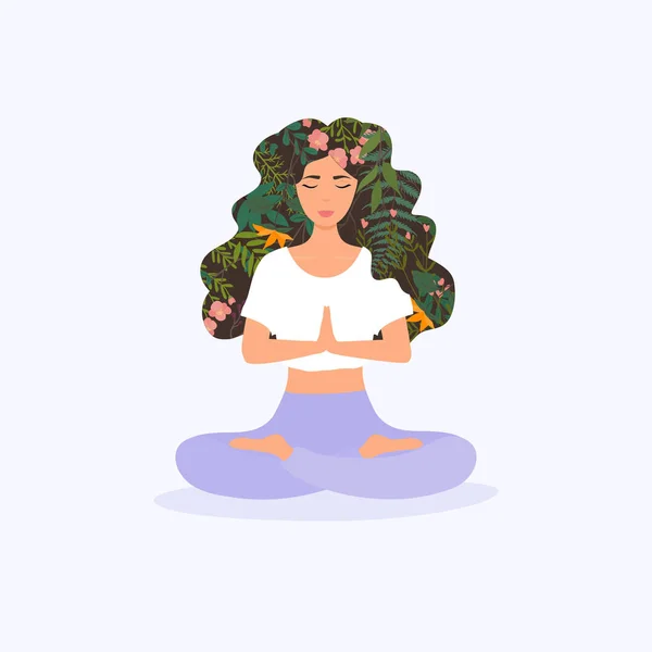 Chica Con Flores Pelo Meditando Pose Loto Con Las Manos — Vector de stock